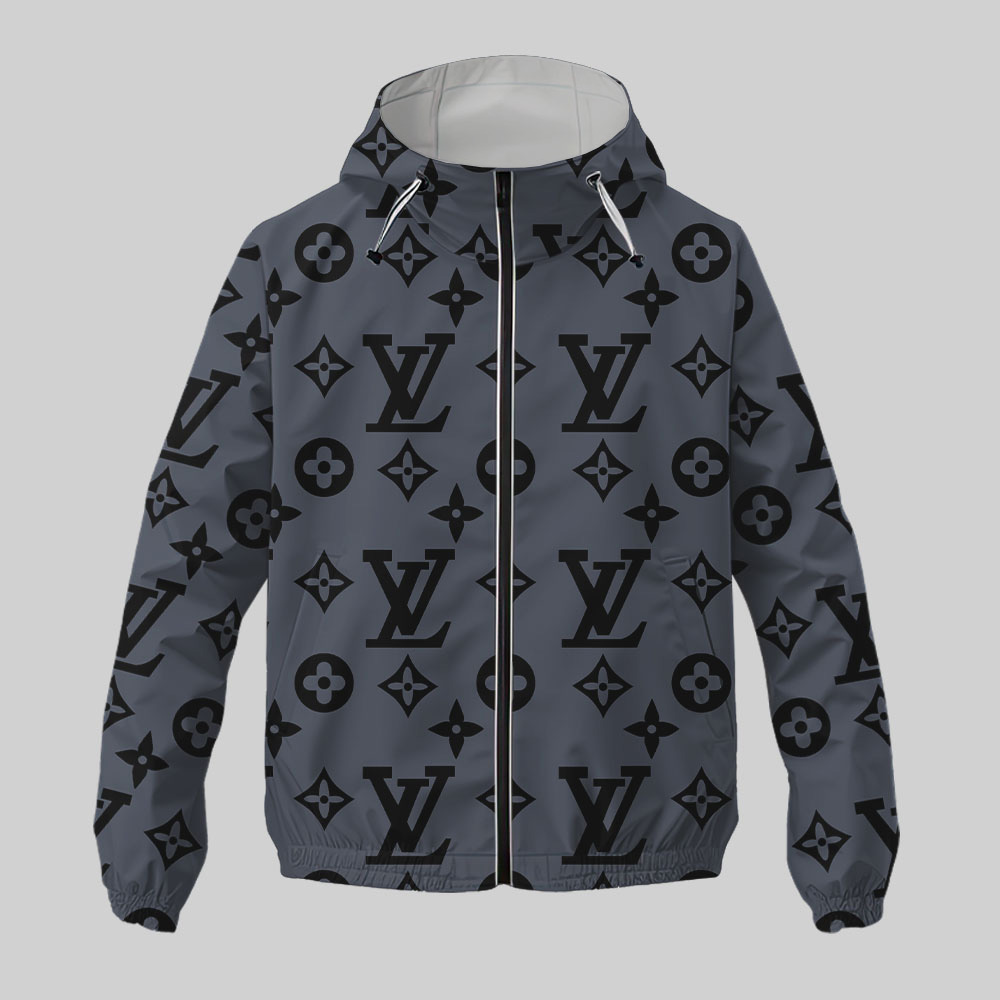 Louis Vuitton LV Black Logo Grey Luxury Brand Premium Windbreaker Jacket Fashion Style Special Collection Outfits For Men Women