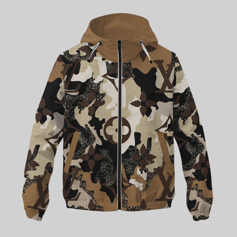Louis Vuitton LV Brown Beige Camouflage Seamless Pattern Luxury Brand Premium Windbreaker Jacket Fashion Style Special Collection Outfits For Men Women