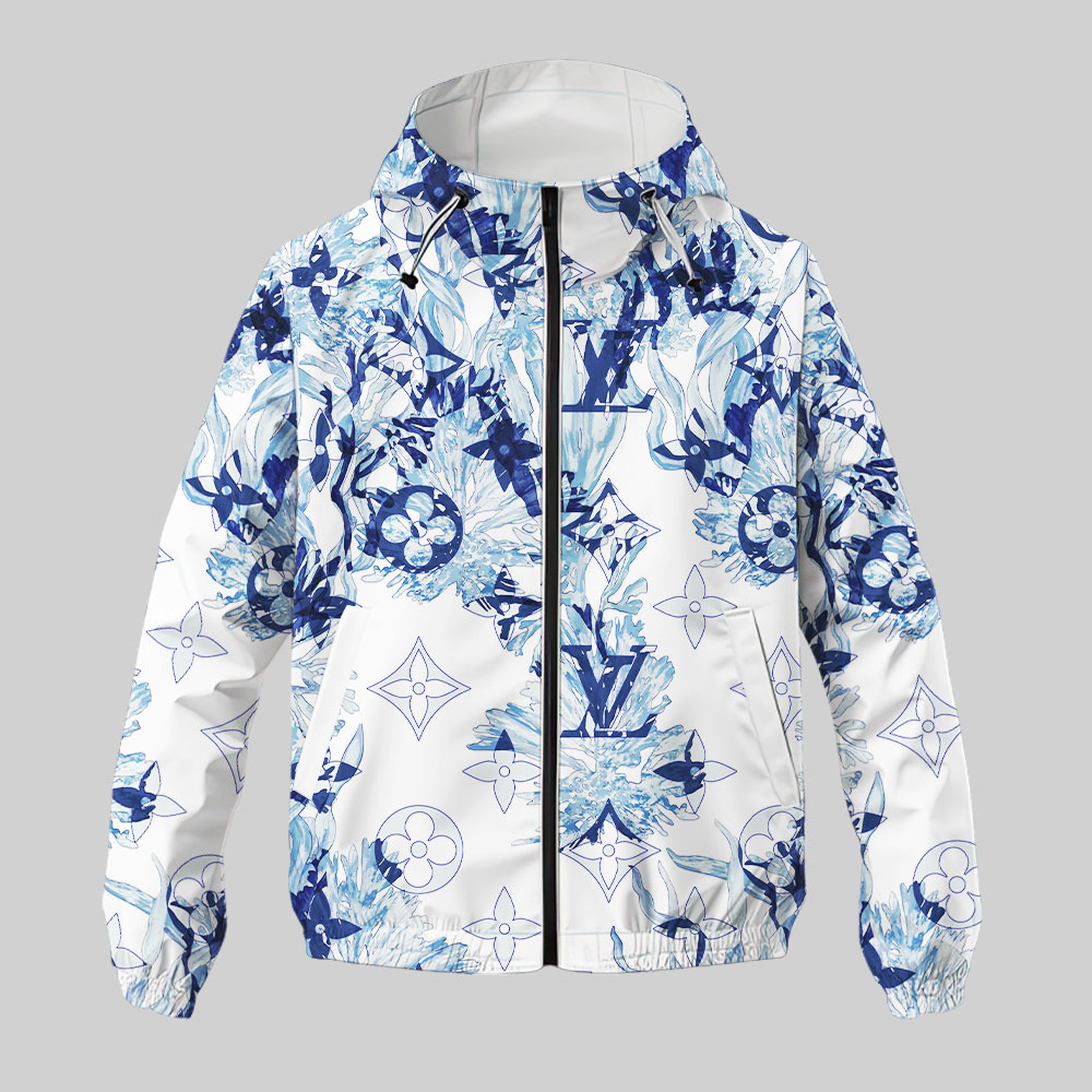 Louis Vuitton LV Blue White Pattern Luxury Brand Premium Windbreaker Jacket Fashion Style Special Collection Outfits For Men Women