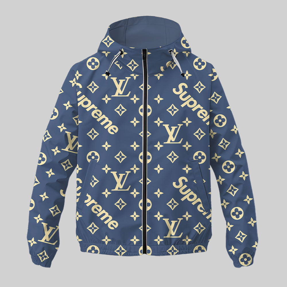 Louis Vuitton Supreme Blue Pattern Luxury Brand Premium Windbreaker Jacket Fashion Style Special Collection Outfits For Men Women