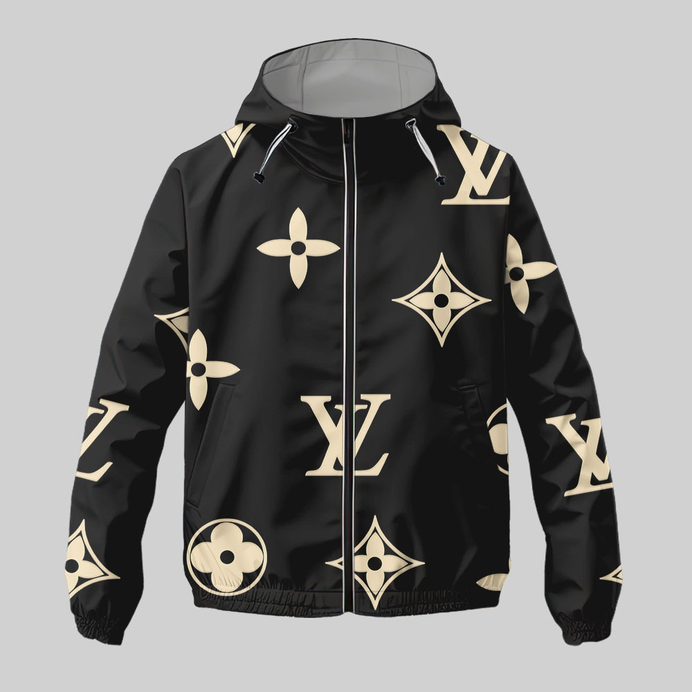 Louis Vuitton LV Beige Logo Black Luxury Brand Premium Windbreaker Jacket Fashion Style Special Collection Outfits For Men Women