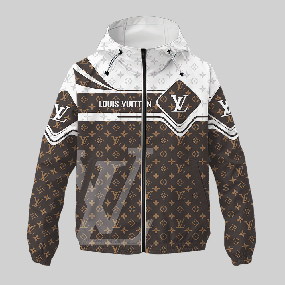Louis Vuitton LV White Brown Pattern Luxury Brand Premium Windbreaker Jacket Fashion Style Special Collection Outfits For Men Women