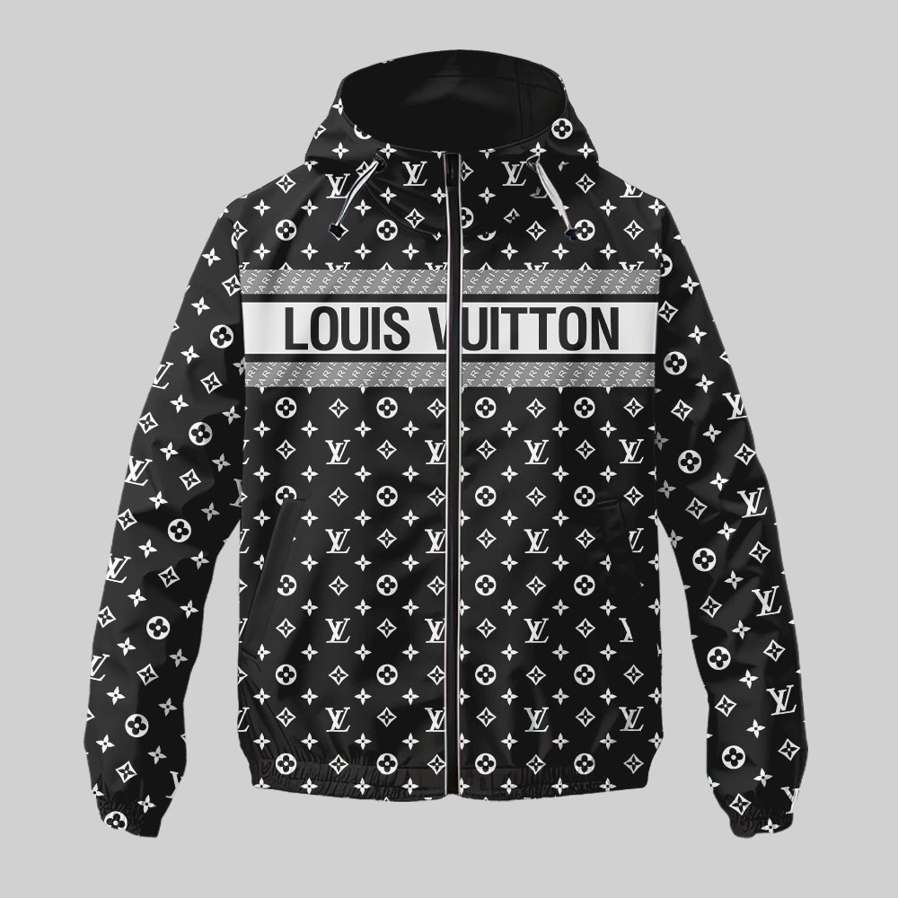 Louis Vuitton LV White Logo Black Luxury Brand Premium Windbreaker Jacket Fashion Style Special Collection Outfits For Men Women