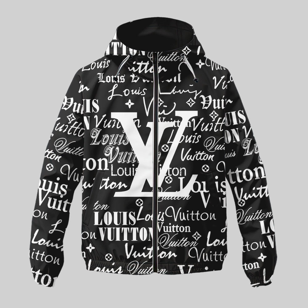 Louis Vuitton White Logo Black Luxury Brand Premium Windbreaker Jacket Fashion Style Special Collection Outfits For Men Women