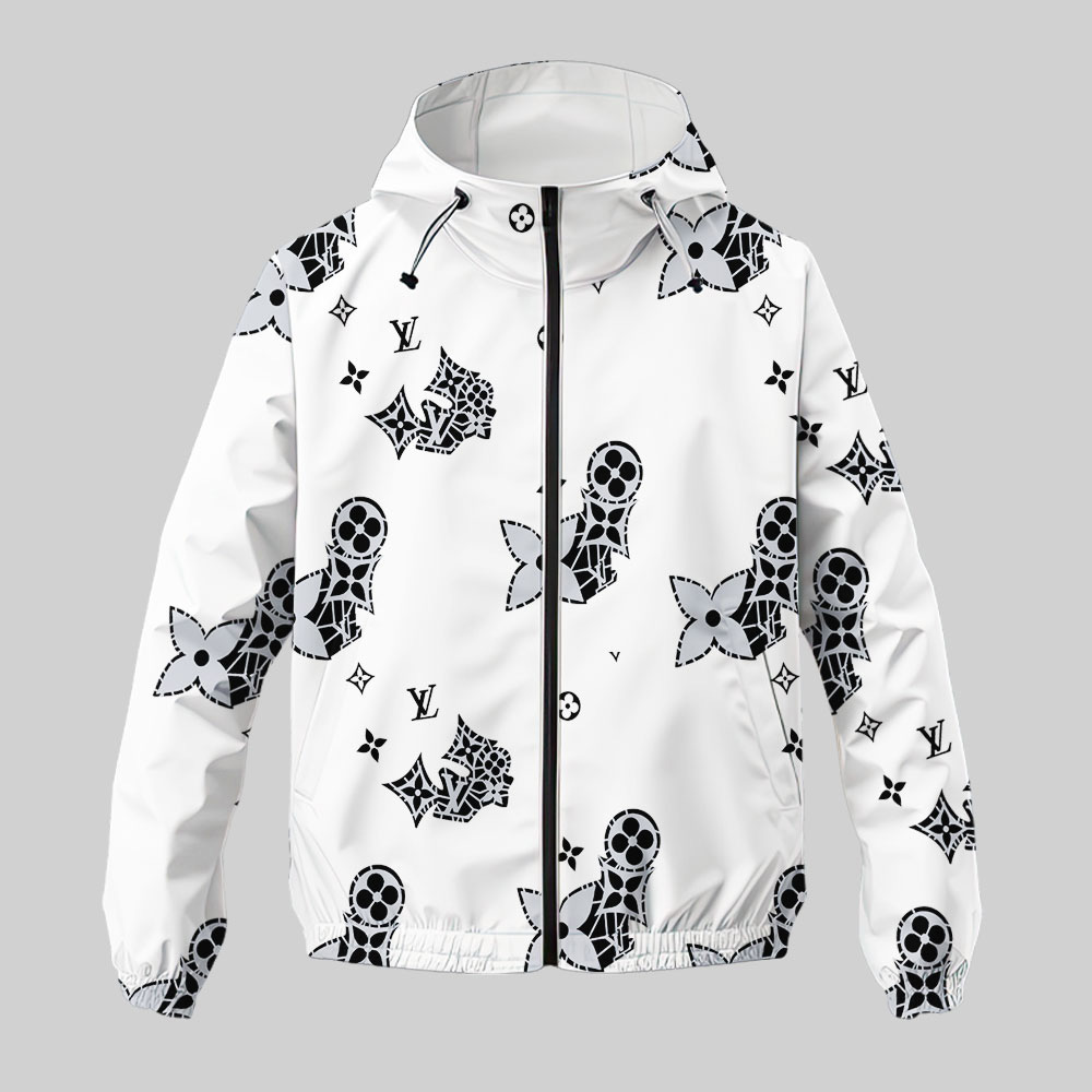 Louis Vuitton Pattern White Luxury Brand Premium Windbreaker Jacket Fashion Style Special Collection Outfits For Men Women