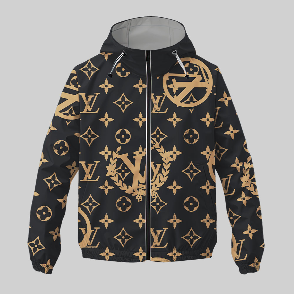 Louis Vuitton Yellow Logo Black Luxury Brand Premium Windbreaker Jacket Fashion Style Special Collection Outfits For Men Women