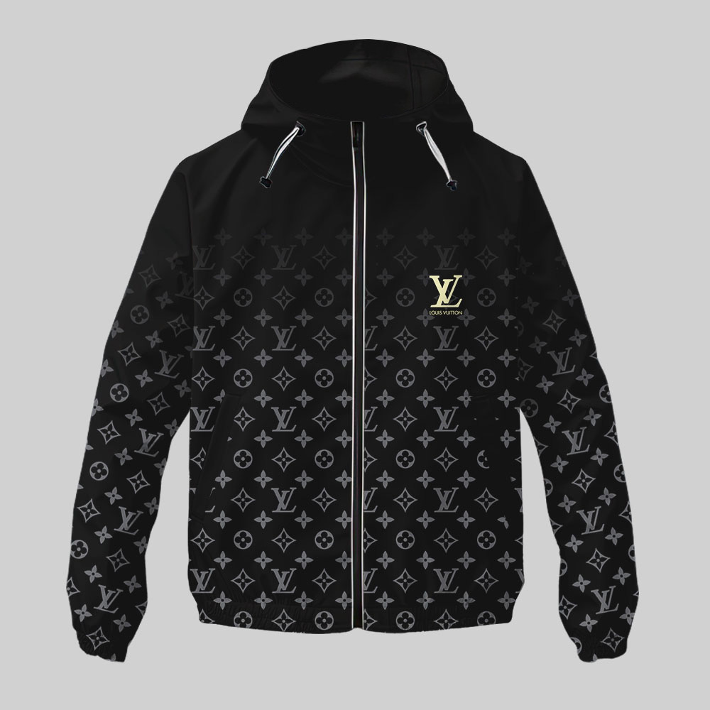 Louis Vuitton Logo Black Luxury Brand Premium Windbreaker Jacket Fashion Style Special Collection Outfits For Men Women
