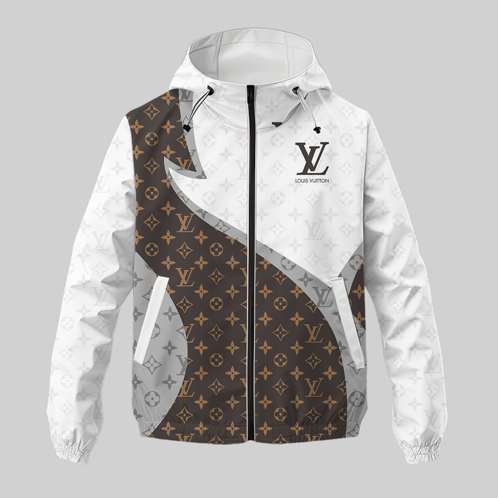 Louis Vuitton Logo White Brown Luxury Brand Premium Windbreaker Jacket Fashion Style Special Collection Outfits For Men Women
