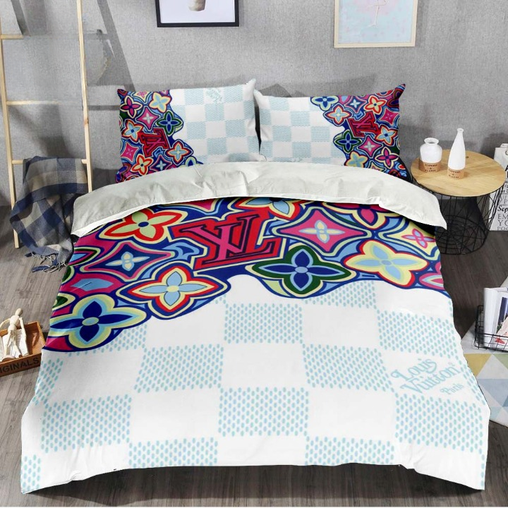 Louis Vuitton Colorful Monogram Icons Dripping Effect In Mint And White Checker Pattern Luxury Brand Premium Bedding Set Fashion Style Special Home Decor Collection