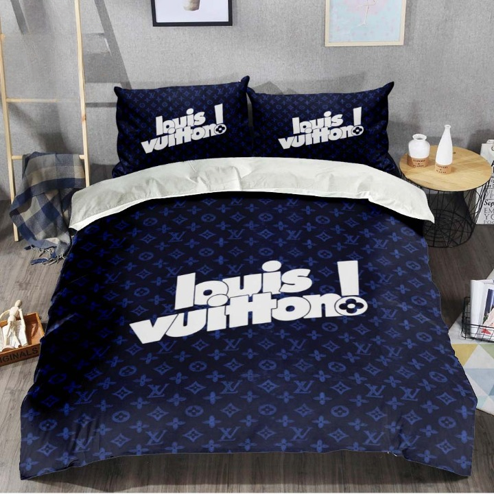 Louis Vuitton Cartoon Logo Font In Deep Blue Monogram Background Luxury Brand Premium Bedding Set Fashion Style Special Home Decor Collection