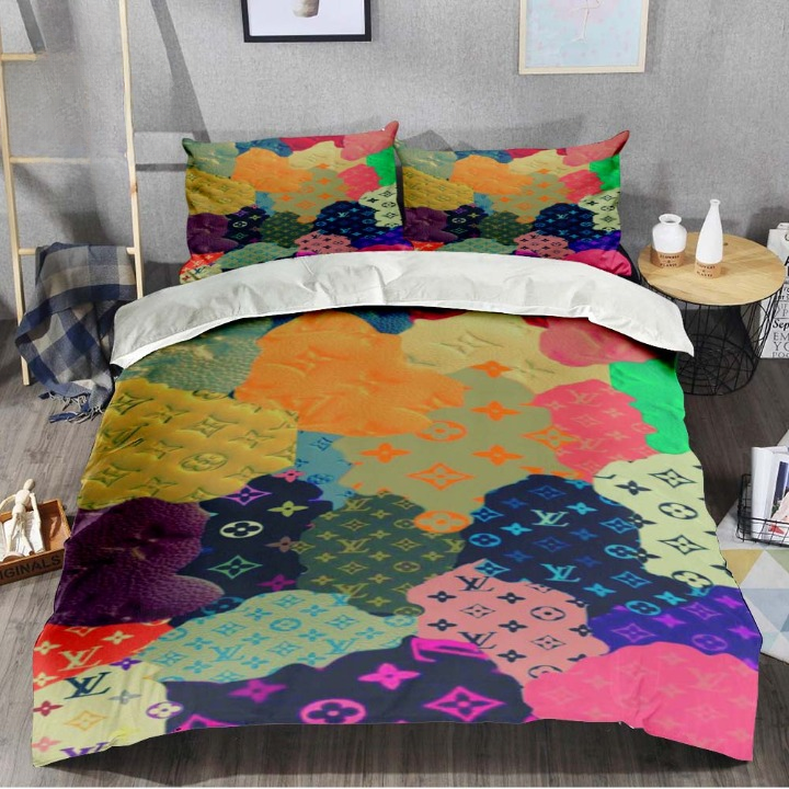 Louis Vuitton Collage Art Colorful Of Many Pieces Of Monogram Luxury Brand Premium Bedding Set Fashion Style Special Home Decor Collection