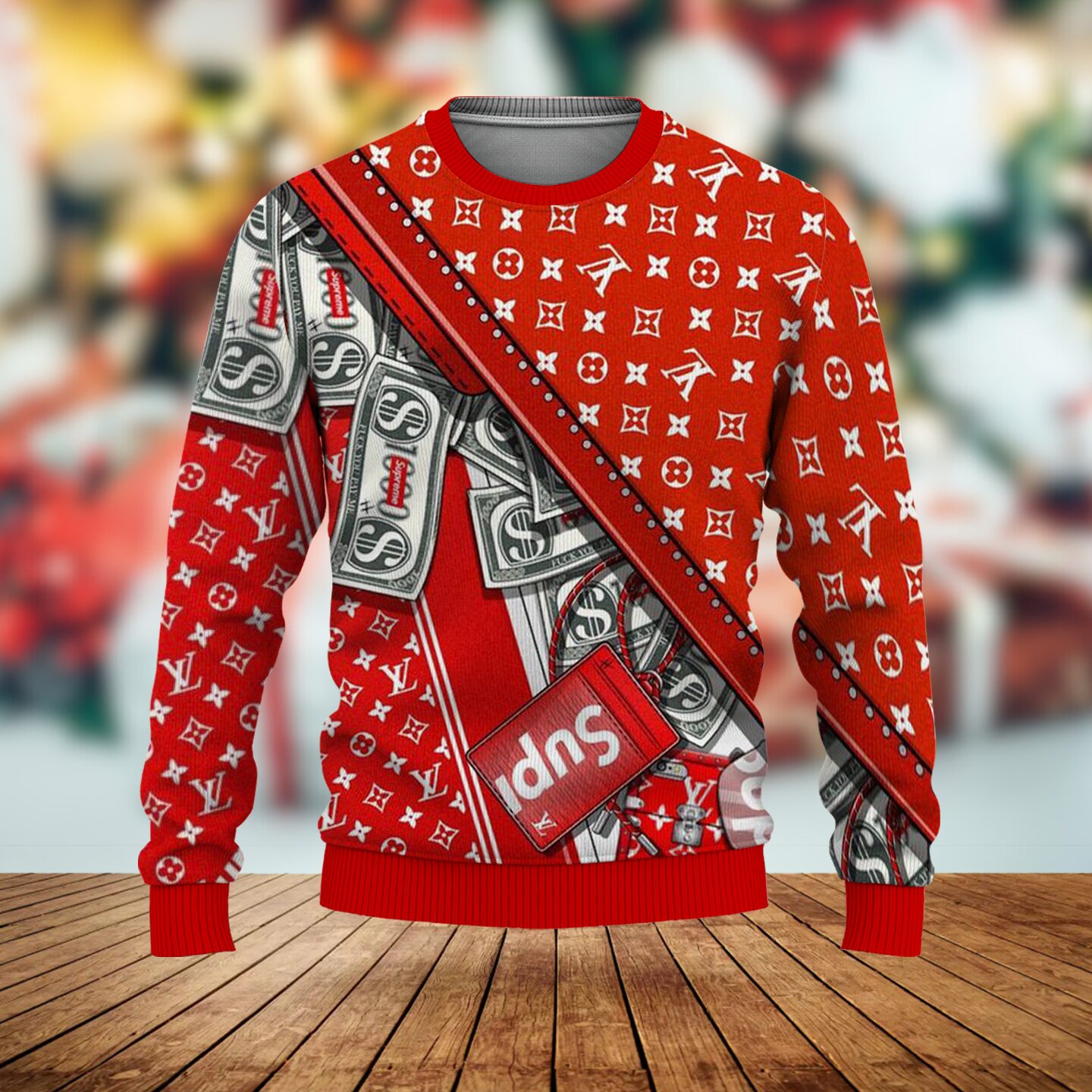 Louis Vuitton Supreme Money Red Luxury Brand Premium Sweatshirt Sweater Fashion Style Special Outfit For Men Women