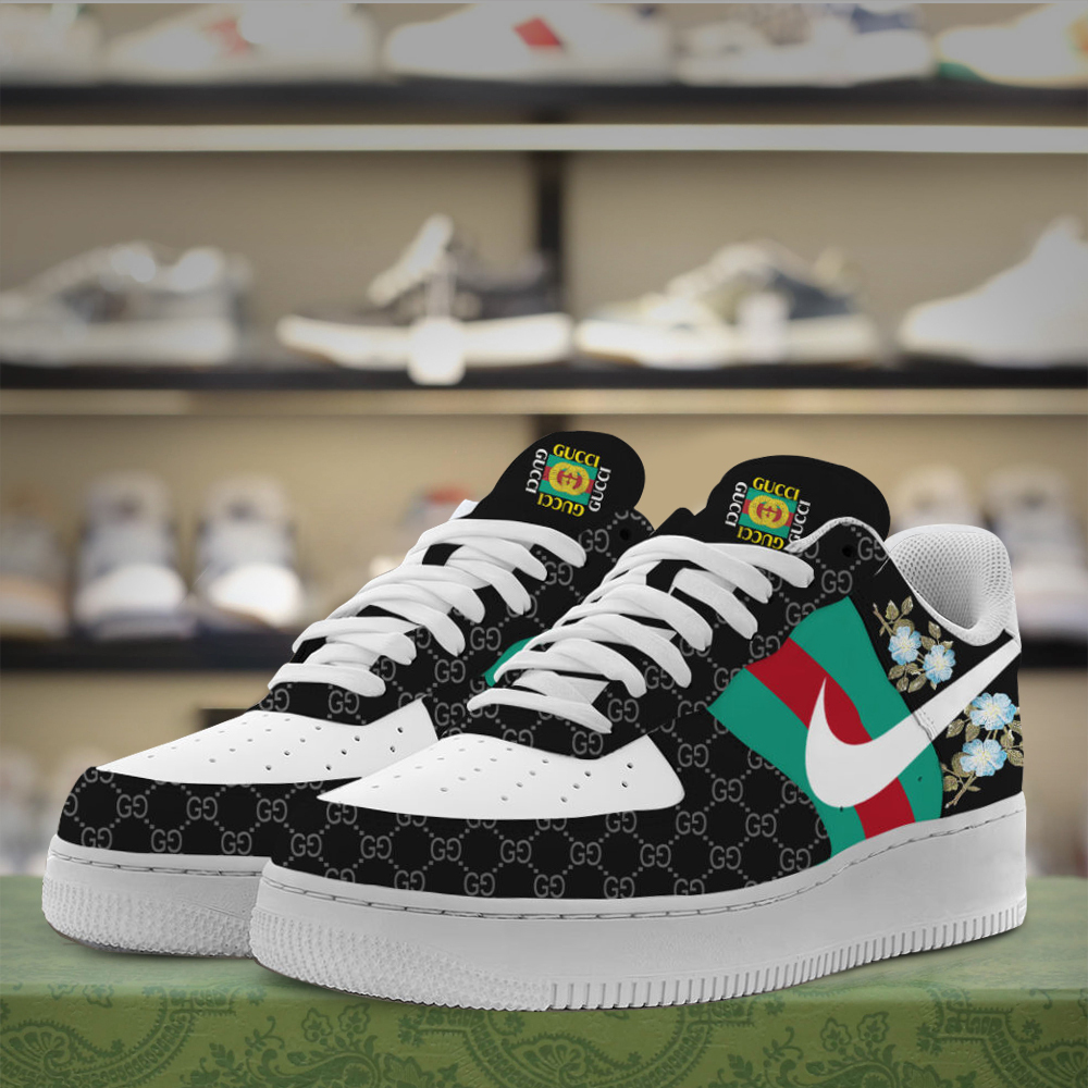 Gucci Nike Flowers Black Luxury Brand Air Force 1 Sneakers Premium Style Shoes Limited Fashion Collection For Men Women