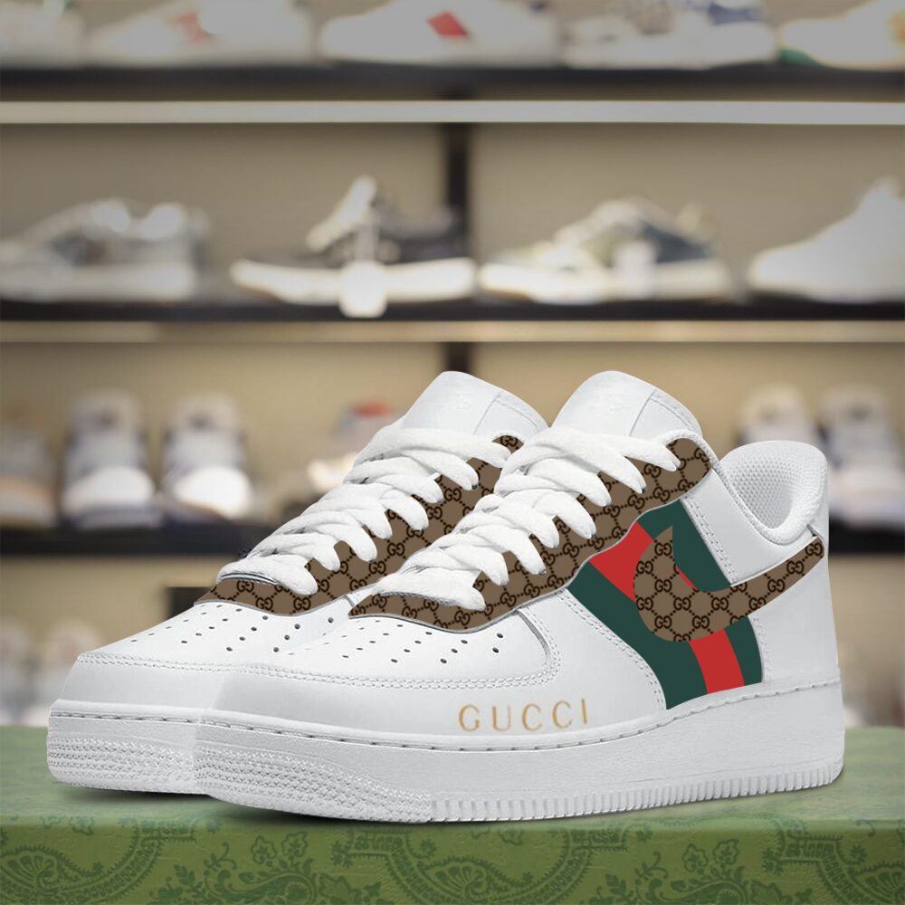 Gucci Nike Brown White Luxury Brand Premium Air Force 1 Sneakers Fashion Style Shoes Limited Collection For Men Women