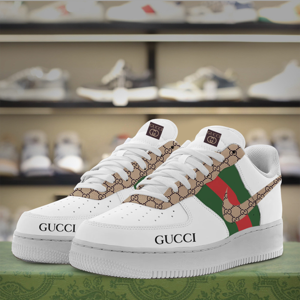 Gucci Nike Logo Brown White Luxury Brand Premium Air Force 1 Sneakers Fashion Style Shoes Limited Collection For Men Women