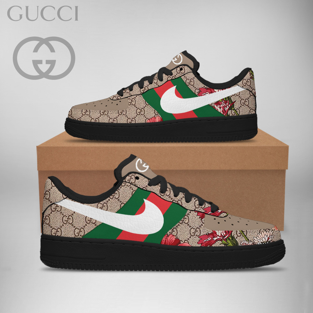 Gucci Nike Flowers Brown Luxury Brand Premium Air Force 1 Sneakers Fashion Style Shoes Collection For Men Women