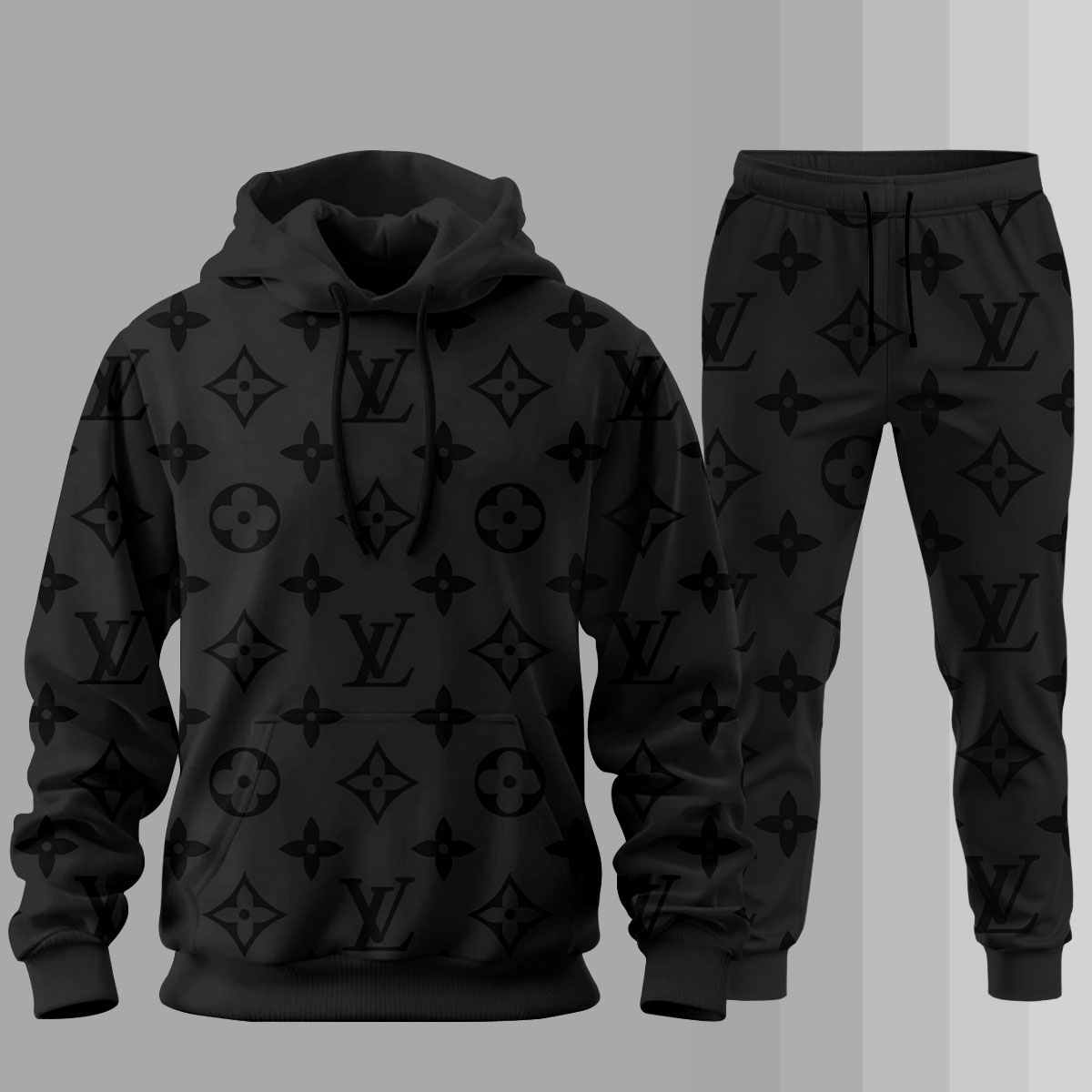 Louis Vuitton LV Black Luxury Brand Premium Unisex Hoodie Long Pants Set Fashion Style Clothing Special Outfit For Men Women 