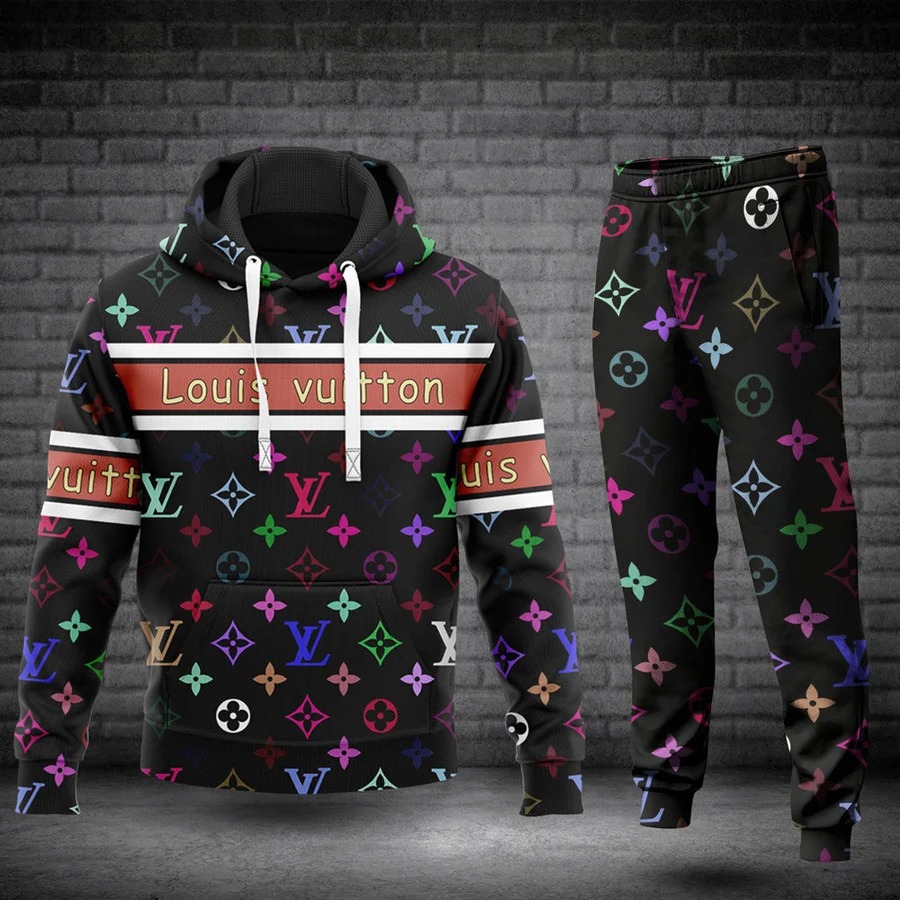 Louis Vuitton LV Colorful Logo Black Luxury Brand Premium Unisex Hoodie Long Pants Set Fashion Style Clothing Special Outfit For Men Women 