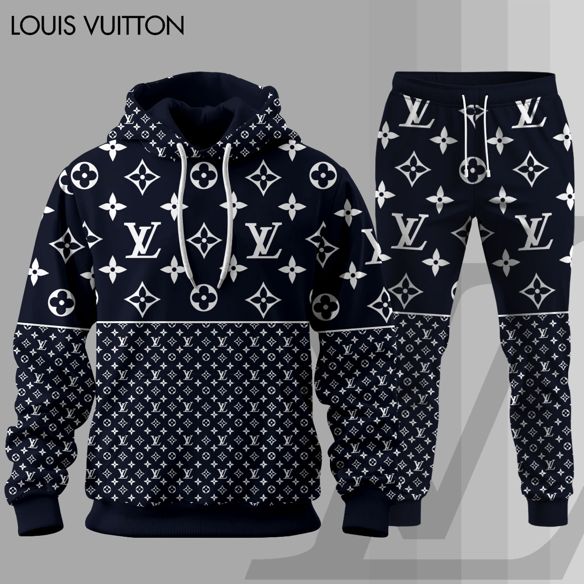 Louis Vuitton LV Dark Navy Blue Luxury Brand Premium Unisex Hoodie Long Pants Set Fashion Style Clothing Special Outfit For Men Women 