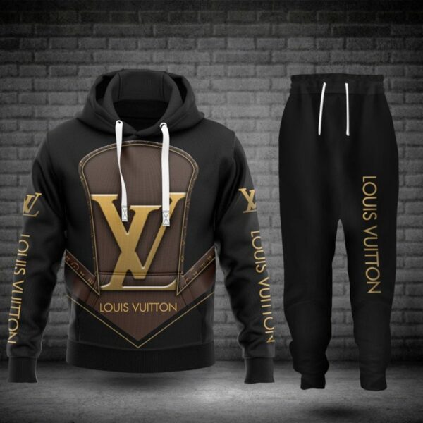 Louis Vuitton LV Black Brown Luxury Brand Premium Unisex Hoodie Long Pants Set Fashion Style Clothing Special Outfit For Men Women 