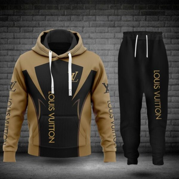 Louis Vuitton LV Logo Black Brown Luxury Brand Premium Unisex Hoodie Long Pants Set Fashion Style Clothing Special Outfit For Men Women 