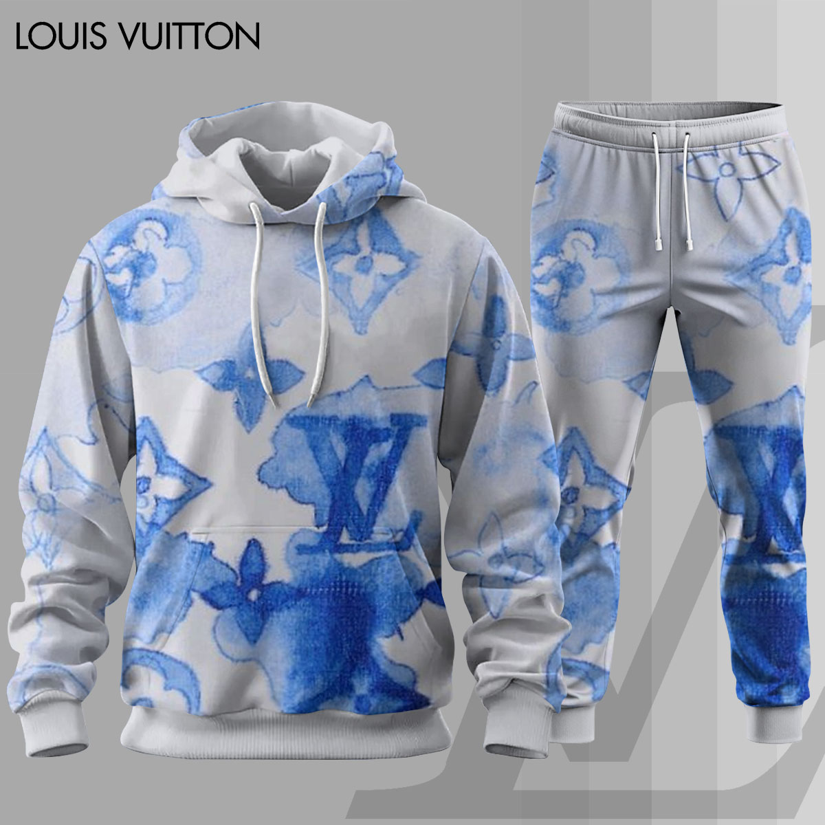 Louis Vuitton LV Blue White Luxury Brand Premium Unisex Hoodie Long Pants Set Fashion Style Clothing Special Outfit For Men Women 