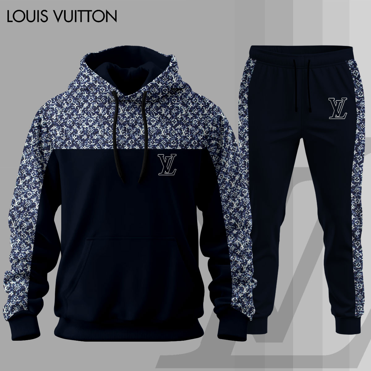 Louis Vuitton LV Blue Luxury Brand Premium Unisex Hoodie Long Pants Set Fashion Style Clothing Special Outfit For Men Women 