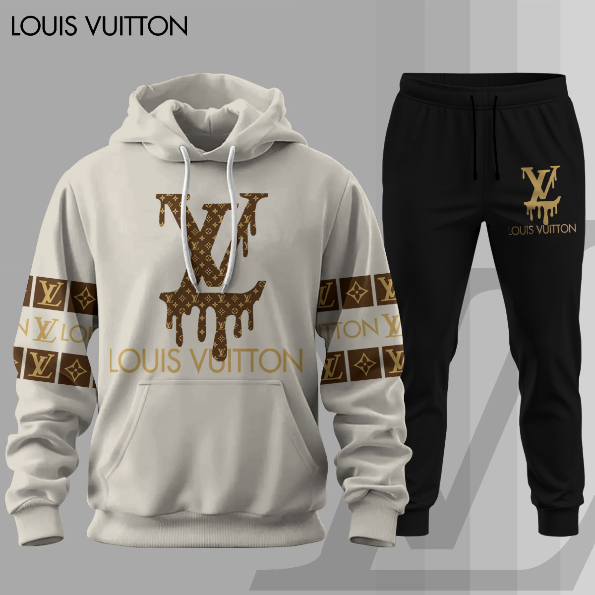Louis Vuitton LV Brown Logo Grey Black Luxury Brand Premium Unisex Hoodie Long Pants Set Fashion Style Clothing Special Outfit For Men Women 