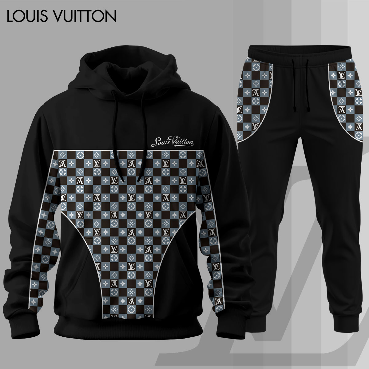 Louis Vuitton LV Pattern Black Luxury Brand Premium Unisex Hoodie Long Pants Set Fashion Style Clothing Special Outfit For Men Women 