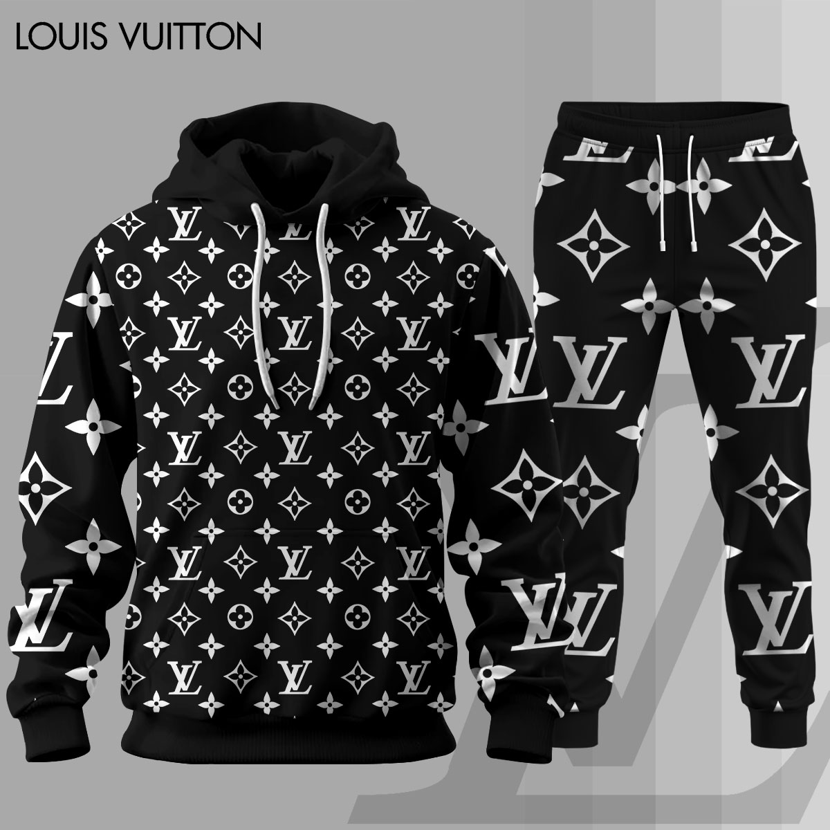 Louis Vuitton LV White Logo Black Luxury Brand Premium Unisex Hoodie Long Pants Set Fashion Style Clothing Special Outfit For Men Women 