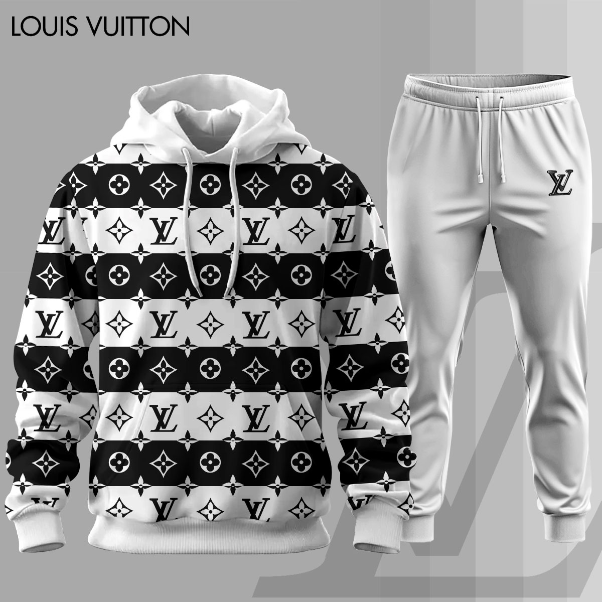 Louis Vuitton LV Black White Luxury Brand Premium Unisex Hoodie Long Pants Set Fashion Style Clothing Special Outfit For Men Women 