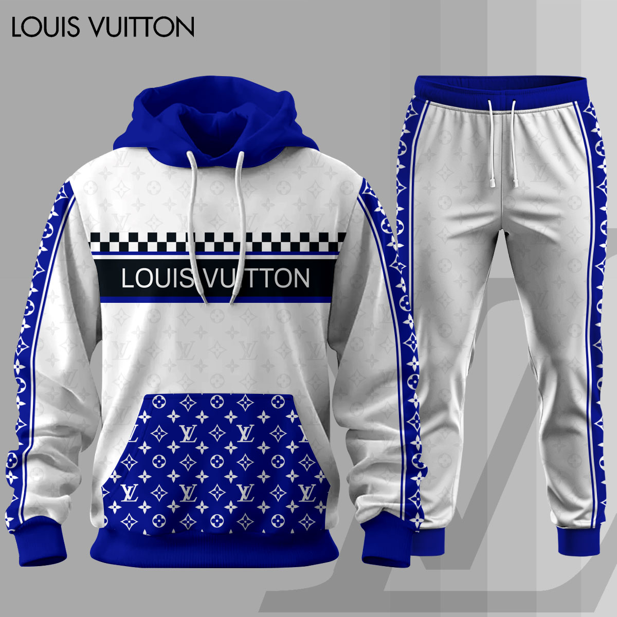 Louis Vuitton LV Blue White Luxury Brand Premium Unisex Hoodie Long Pants Set Fashion Style Clothing Special Outfit For Men Women 