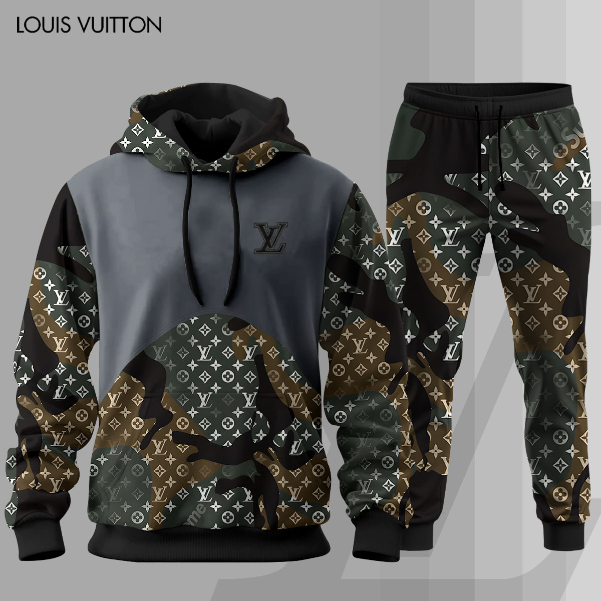Louis Vuitton LV Camo Luxury Brand Premium Unisex Hoodie Long Pants Set Fashion Style Clothing Special Outfit For Men Women 