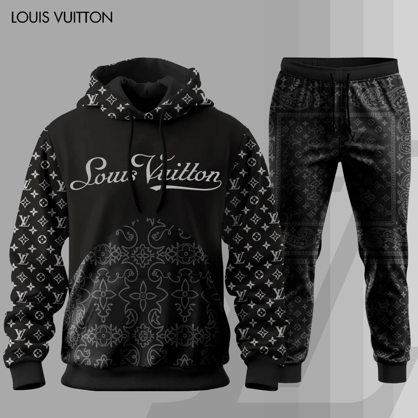 Louis Vuitton LV Black Pattern Luxury Brand Premium Unisex Hoodie Long Pants Set Fashion Style Clothing Special Outfit For Men Women 