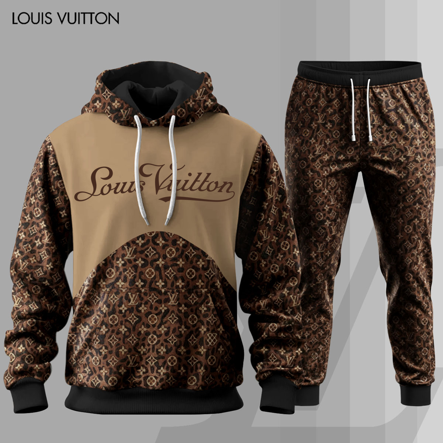 Louis Vuitton LV Brown Pattern Luxury Brand Premium Unisex Hoodie Long Pants Set Fashion Style Special Outfit For Men Women