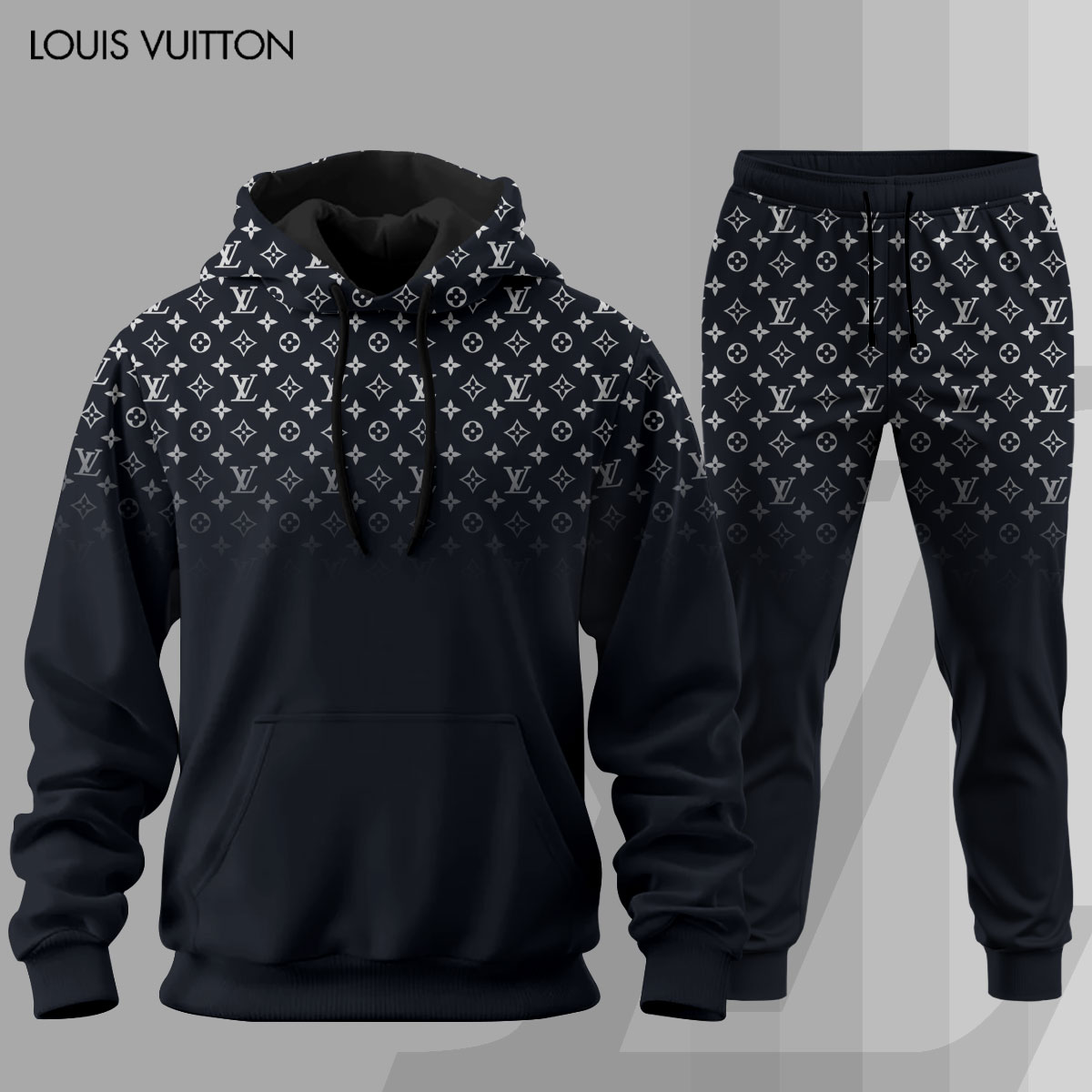 Louis Vuitton LV Black Pattern Luxury Brand Premium Unisex Hoodie Long Pants Set Fashion Style Special Outfit For Men Women