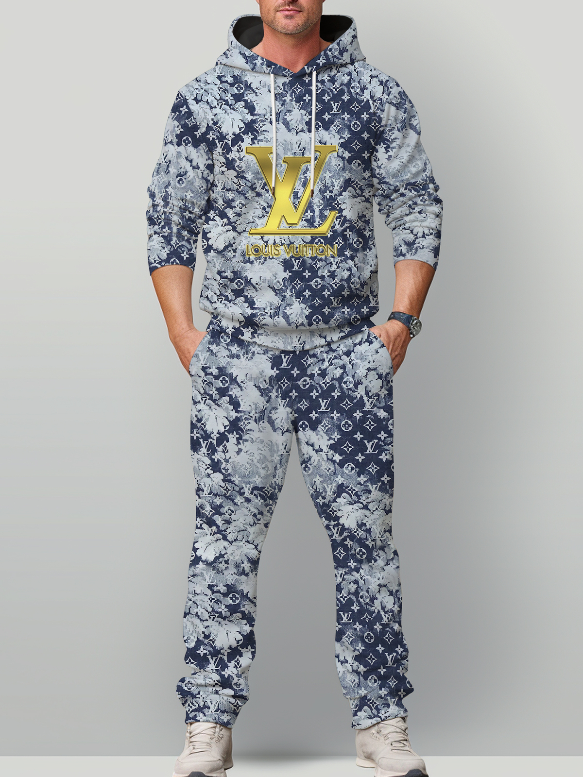 Louis Vuitton LV Blue White Luxury Brand Premium Unisex Hoodie Long Pants Set Fashion Style Special Outfit For Men Women