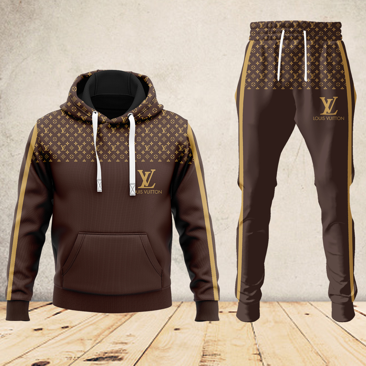 Louis Vuitton LV Brown Luxury Brand Premium Unisex Hoodie Long Pants Set Fashion Style Special Outfit For Men Women