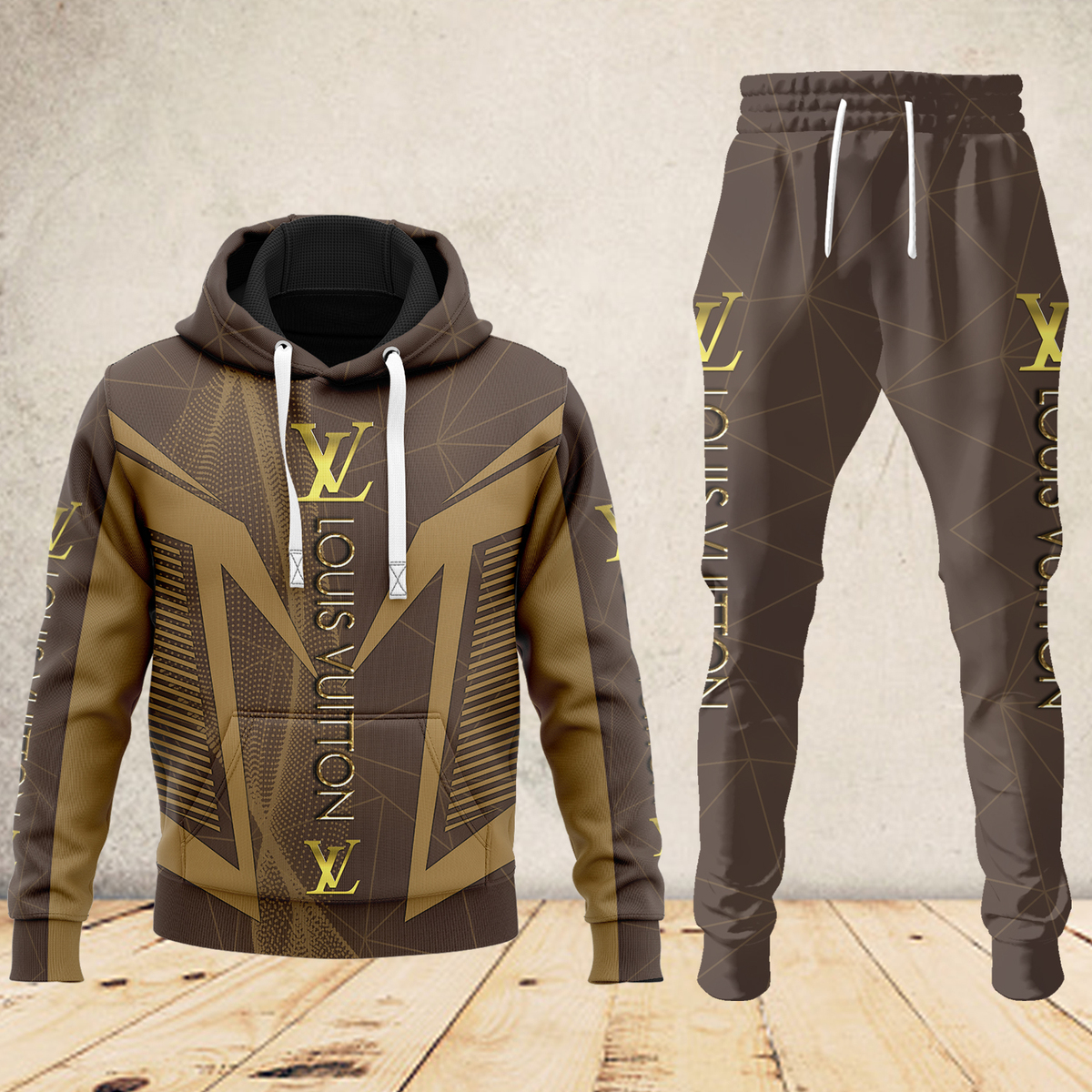 Louis Vuitton LV Gold Logo Brown Luxury Brand Premium Unisex Hoodie Long Pants Set Fashion Style Special Outfit For Men Women