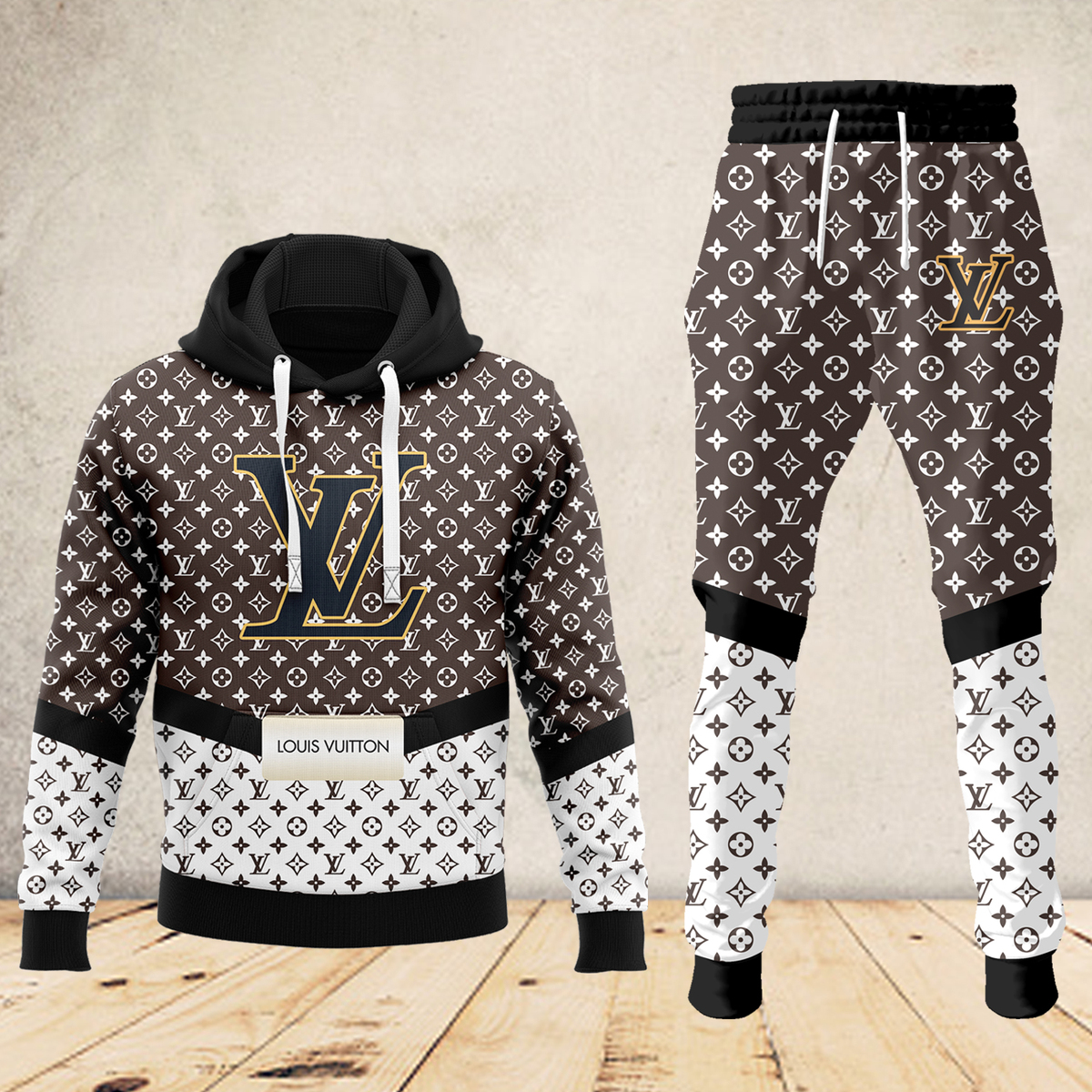 Louis Vuitton LV Brown White Luxury Brand Premium Unisex Hoodie Long Pants Set Fashion Style Special Outfit For Men Women