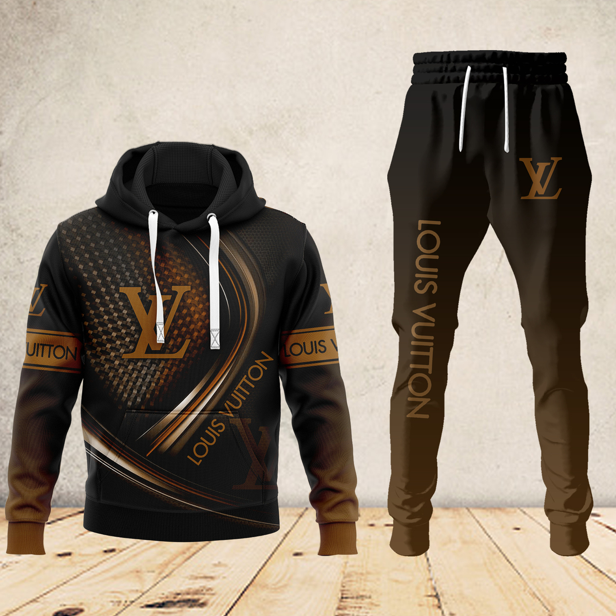 Louis Vuitton LV Brown Logo Luxury Brand Premium Unisex Hoodie Long Pants Set Fashion Style Special Outfit For Men Women