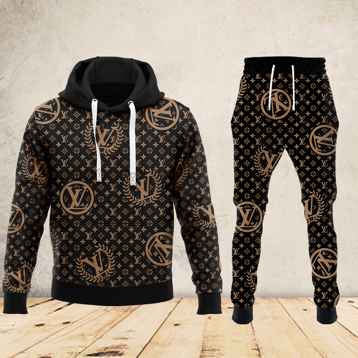 Louis Vuitton LV Brown Pattern Black Luxury Brand Premium Unisex Hoodie Long Pants Set Fashion Style Special Outfit For Men Women