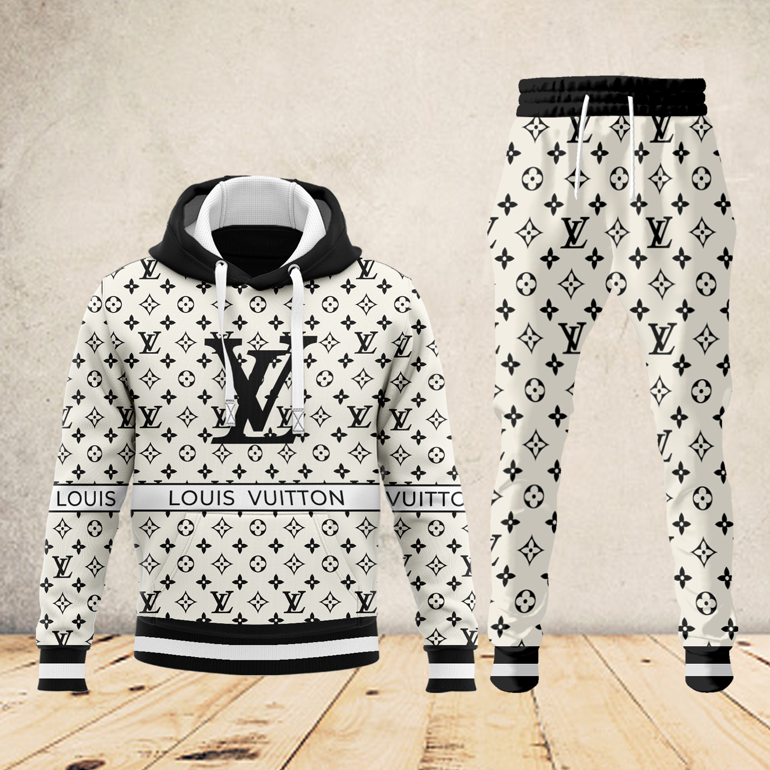 Louis Vuitton LV Light Beige Luxury Brand Premium Unisex Hoodie Long Pants Set Fashion Style Special Outfit For Men Women