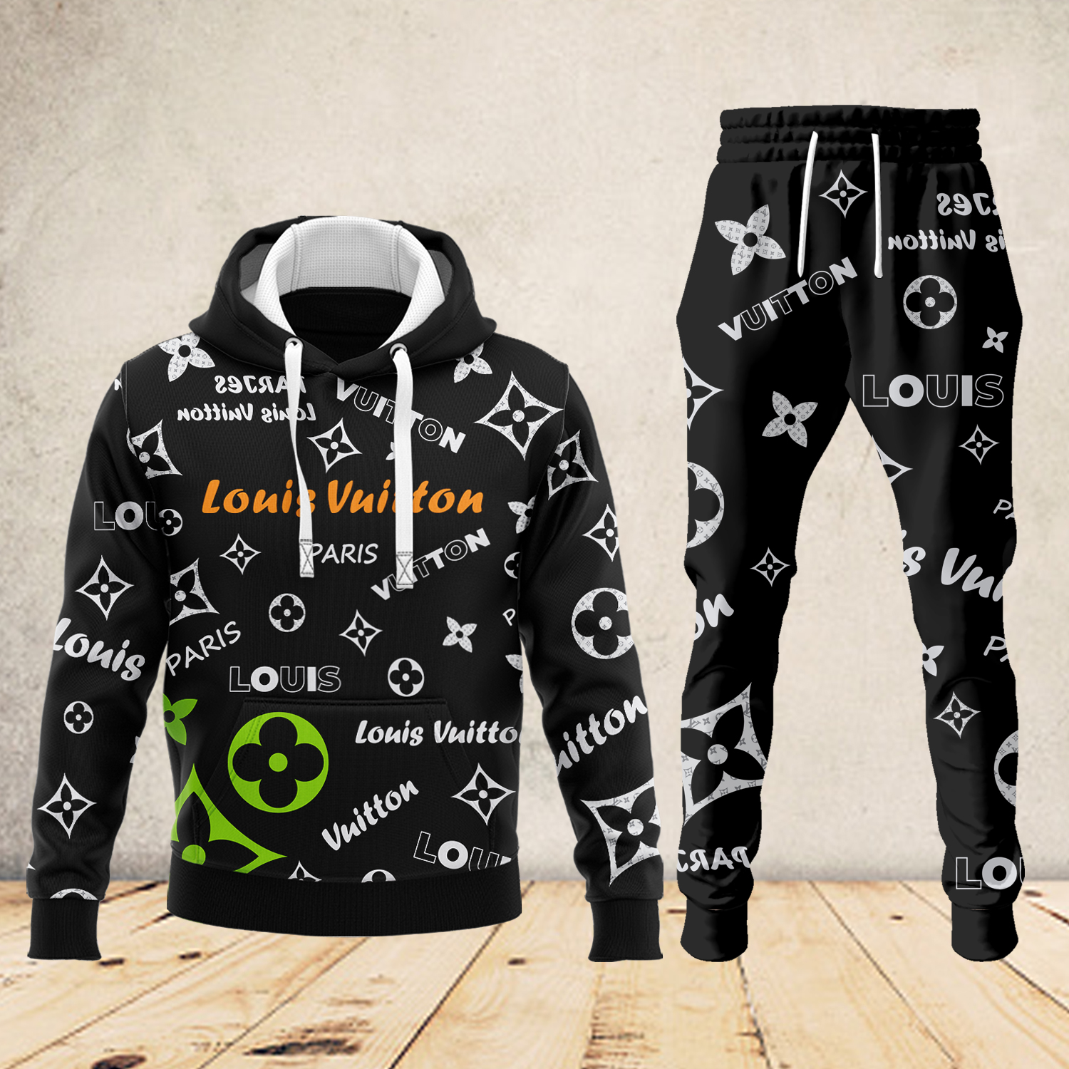 Louis Vuitton Paris Black Luxury Brand Premium Unisex Hoodie Long Pants Set Fashion Style Special Outfit For Men Women