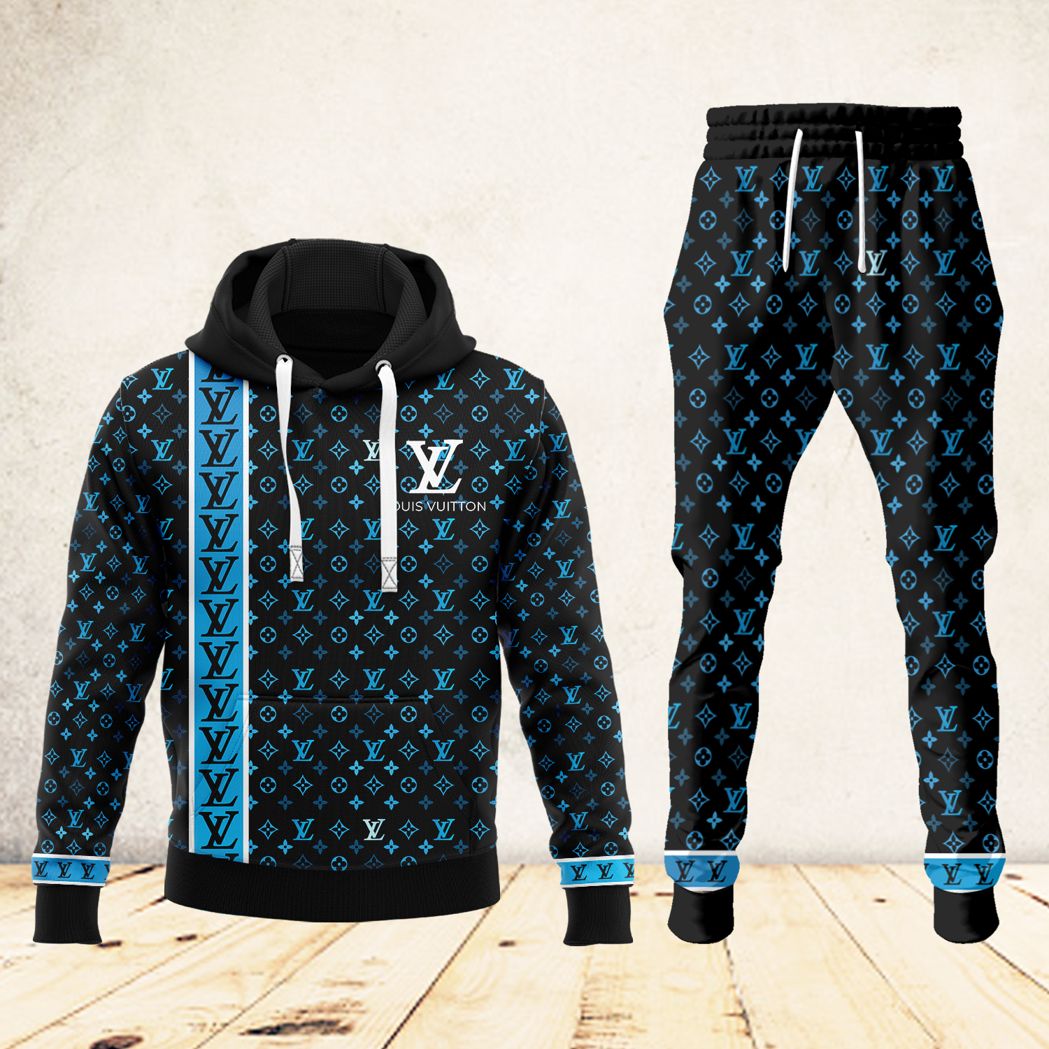 Louis Vuitton LV Blue Logo Black Luxury Brand Premium Unisex Hoodie Long Pants Set Fashion Style Special Outfit For Men Women