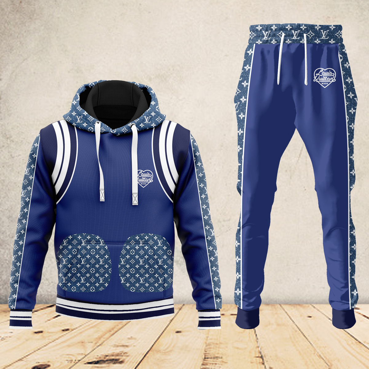Louis Vuitton LV Blue Luxury Brand Premium Unisex Hoodie Long Pants Set Fashion Style Special Outfit For Men Women