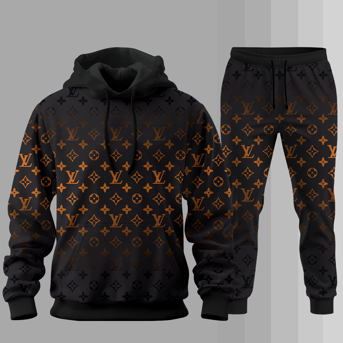 Louis Vuitton LV Orange Logo Black Luxury Brand Premium Unisex Hoodie Long Pants Set Fashion Outfit Special Clothing For Men Women