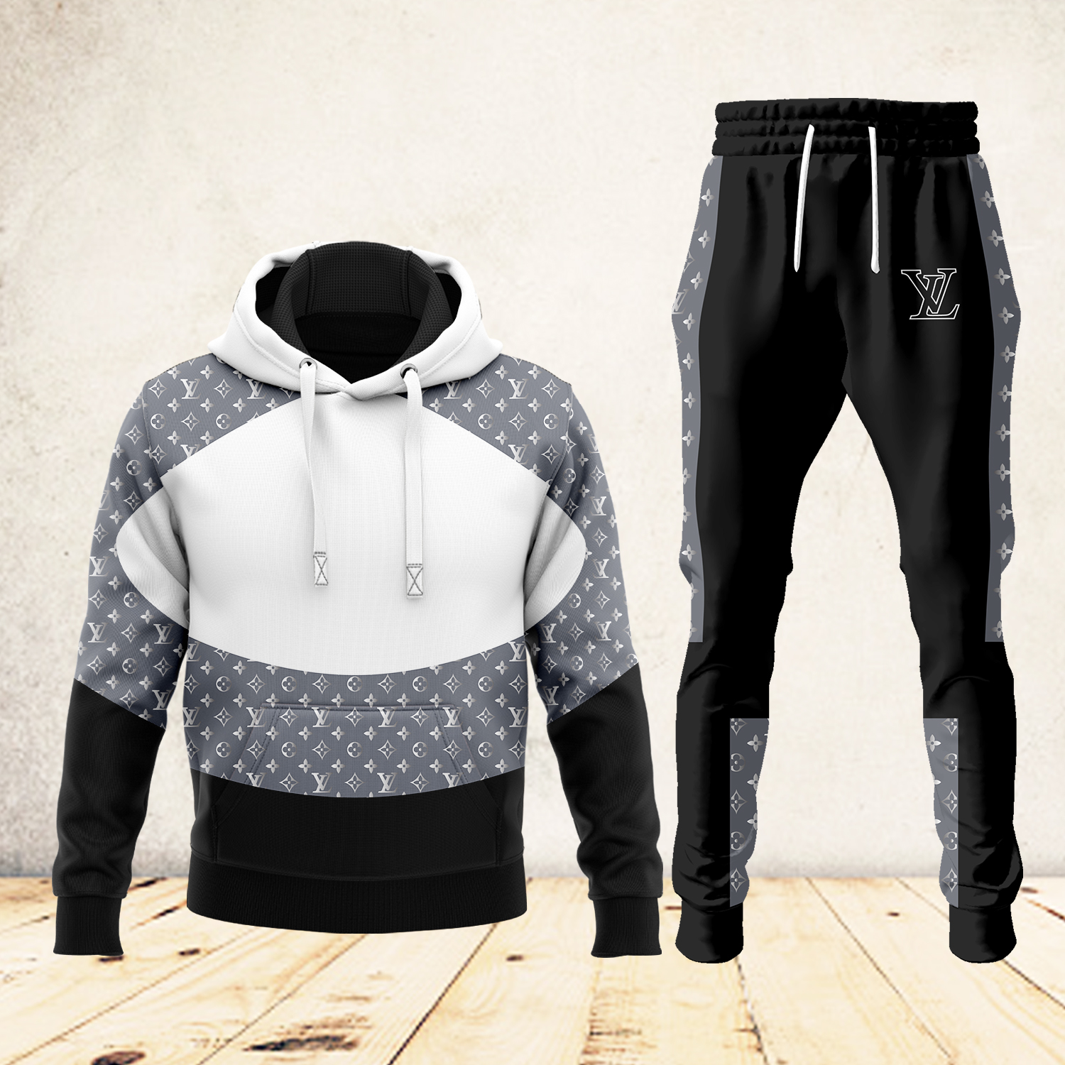 Louis Vuitton LV Black Grey White Luxury Brand Premium Unisex Hoodie Long Pants Set Fashion Outfit Special Clothing For Men Women
