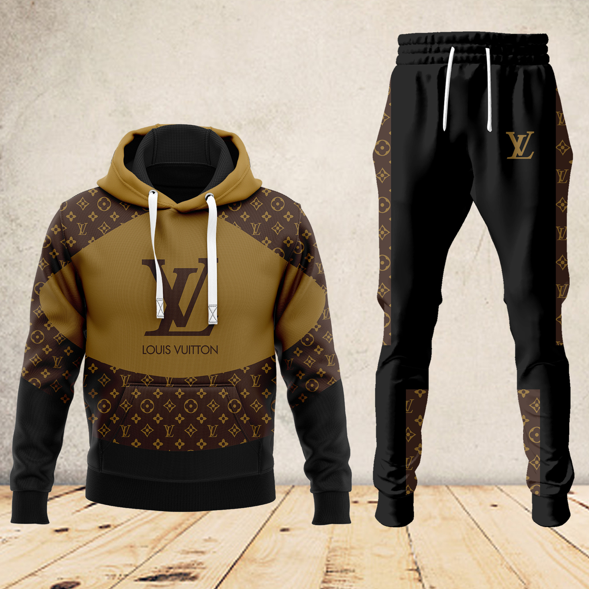 Louis Vuitton LV Yellow Brown Luxury Brand Premium Unisex Hoodie Long Pants Set Fashion Outfit Special Clothing For Men Women