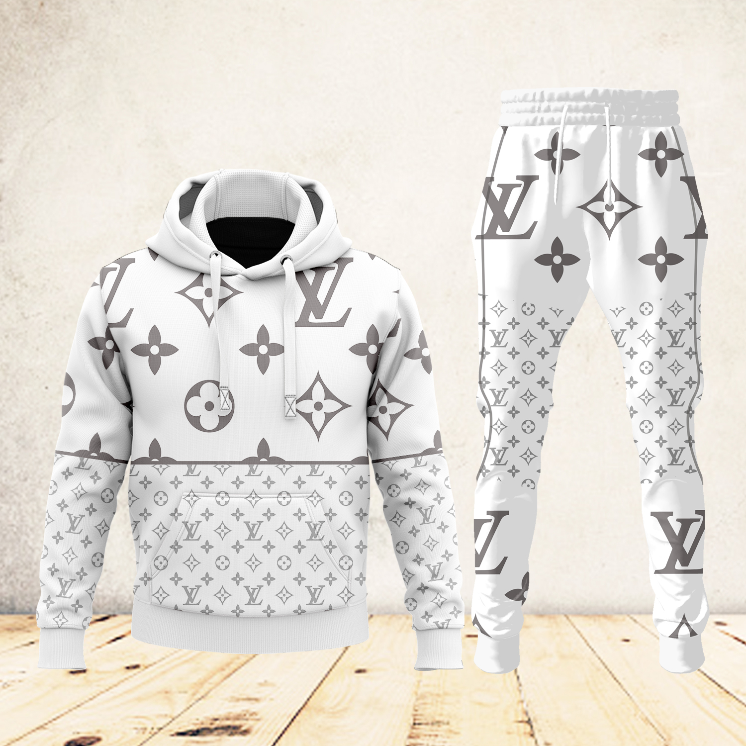 Louis Vuitton LV Grey Logo White Luxury Brand Premium Unisex Hoodie Long Pants Set Fashion Outfit Special Clothing For Men Women